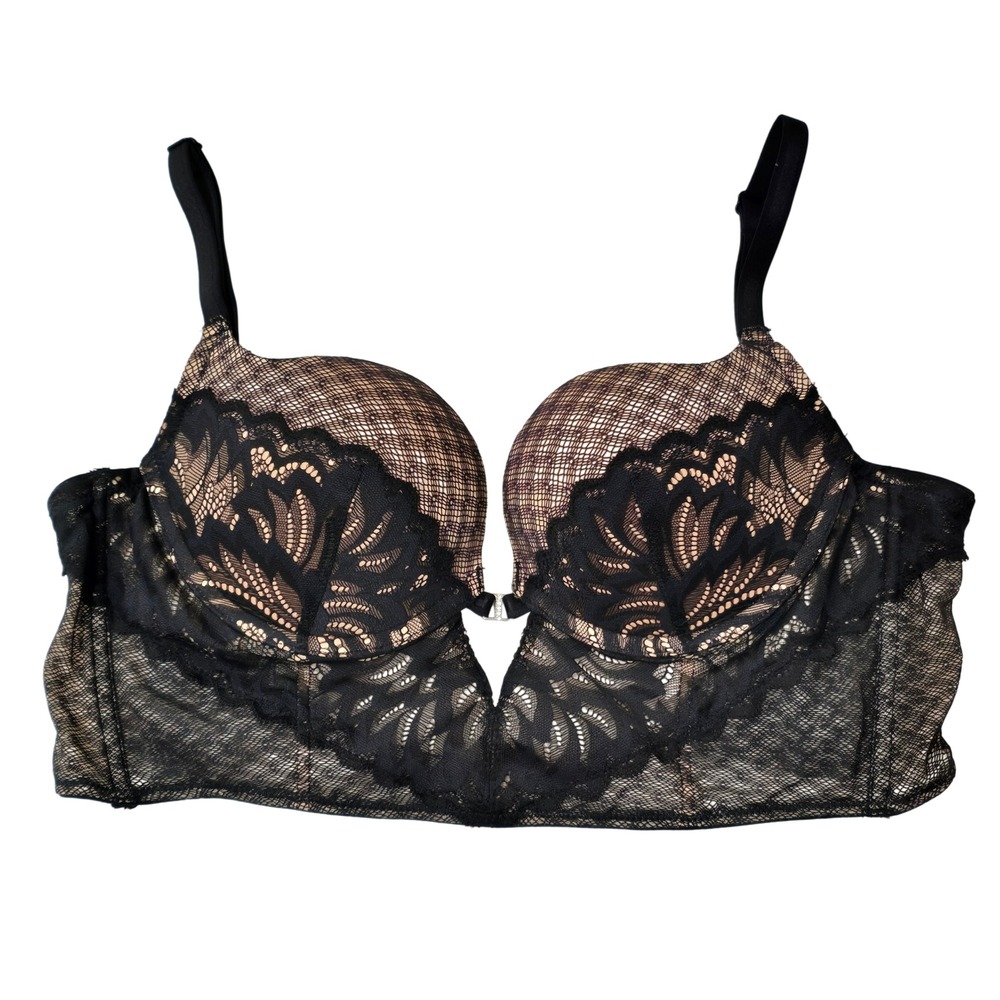 Adore Me Black Lace Nude Mesh Longline Push Up Bra 36C Floral Demi Lingerie